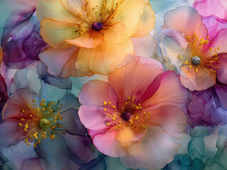 Colorful blooming flowers watercolor background. Translucent petals with delicate textures and vibrant colors. 