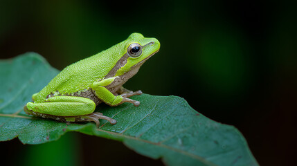 A vibrant tree frog rests on a tropical leaf, embodying nature's delicate beauty. Series.