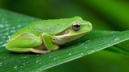 A vibrant tree frog rests on a tropical leaf, embodying nature's delicate beauty. Series.
