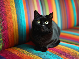 Cute black cat sits on striped rainbow-colored sofa and looking straight into camera.. 