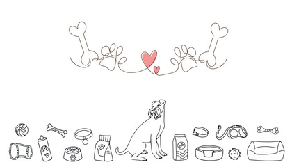 Heart, animal paw, bone in one line. Doodle icons of pet products in pet shop. Love concept. Hand drawn vector illustration on white background