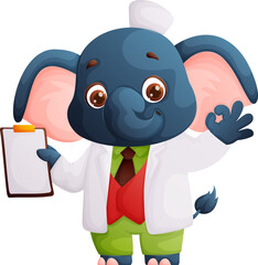 Elephant Cartoon Character as Doctor, with White Coat and Clipboard, Giving Okay Sign.