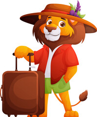 Lion Traveler with Suitcase, Ready for Vacation or Adventure in Cartoon Style