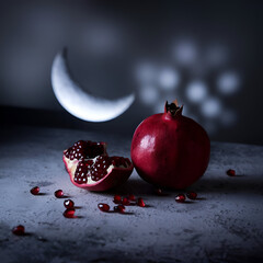 A high-resolution still life photograph of a pomegranate with scattered seeds on a gray surface, highlighting its rich red color and glossy seeds' shine in a mysterious, surreal ambiance.