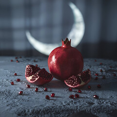 A high-resolution still life photograph of a pomegranate with scattered seeds on a gray surface, highlighting its rich red color and glossy seeds' shine in a mysterious, surreal ambiance.
