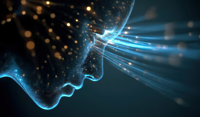 A closeup of a woman's face made of blue glowing pixels with digital data streams coming out of her eyes. Concept of AI artificial intelligence, cyberspace, metaverse.  