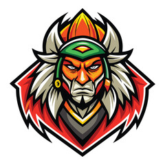 Fototapeta premium Colorful indian tribe mascot logo featuring a fierce warrior with distinctive headdress and strong facial features designed for sports teams or cultural events