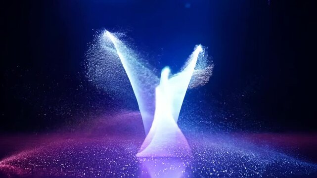 Mystical Angelic Revelation: An ethereal, luminous angelic figure emerges from a swirling cloud of particles, arms outstretched in a pose of divine grace, against a backdrop of a deep.