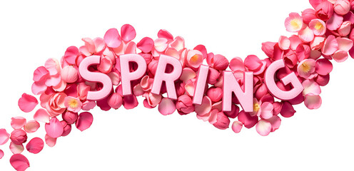 parola "primavera" in caratteri colorati per striscione, sfondo con petali e fiori di rosa, sfondo bianco o trasparente