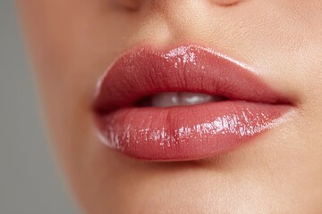 Fototapeta premium Close-up of a woman's full, smooth lips with glossy pink lipstick, showing the effect of subtle filler injection against a neutral background