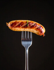 A perfectly grilled sausage with a shiny, caramelized surface is pierced on a metal fork and presented against a dark, minimalistic background to highlight its texture.