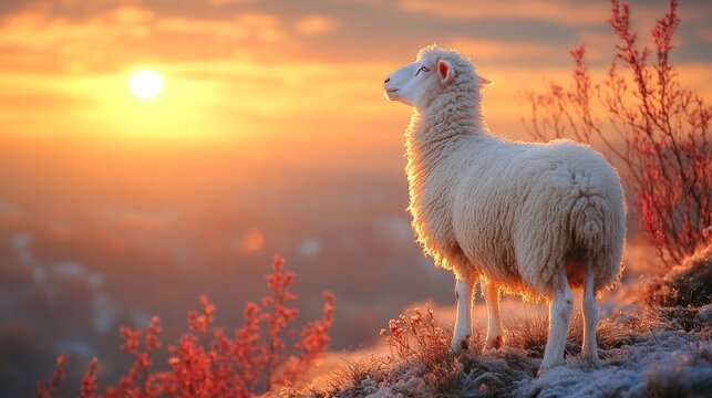 Sheep on frosty hill watching sunrise over town