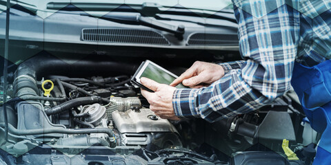 Mechanic using digital tablet for checking car engine, geometric pattern