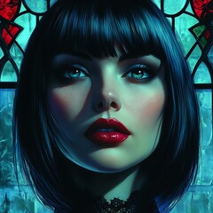Close-up portrait of a woman with dark hair and makeup
