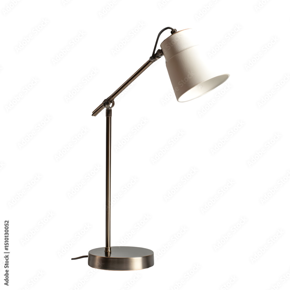 Poster Modern desk lamp with adjustable arm illuminating a workspace, showcasing minimalistic design