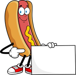 Hot Dog Cartoon Mascot Character Pointing At Blank
Sign