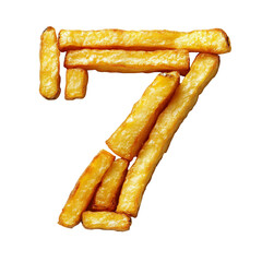 Top view of a 3D number 7 made of French Fries isolated on a white transparent background