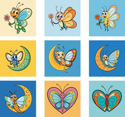 Obraz premium Collection Of Charming Cartoon Butterfly Illustrations With Flowers And Moon Elements On Colorful Backgrounds