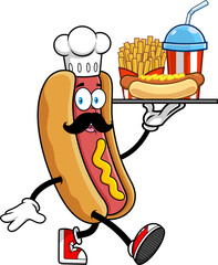 Hot Dog Chef Cartoon Mascot Character Serving Fast
Food Tray With Fries And Soda