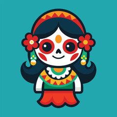 Fototapeta premium Catrina mascot logo featuring colorful flat design with friendly child character celebrating Mexican culture