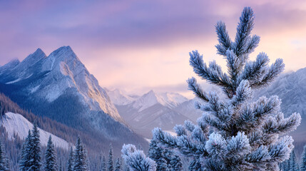 Snow-covered pine trees and majestic mountain peaks at sunrise
