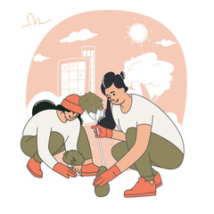 Women planting trees for environmental conservation