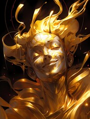 Golden masked anime humanoid figure, radiant energy, flowing strands, black void.