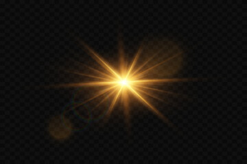 Light flash of star and sparks. Explosion of light rays and lens.