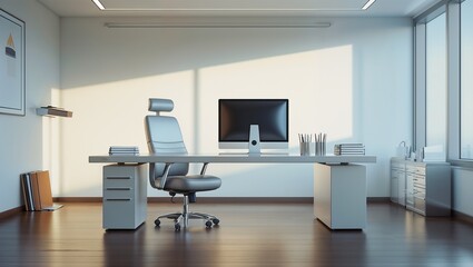 Modern Office Interior With White Desk Computer And Window Lighting	
