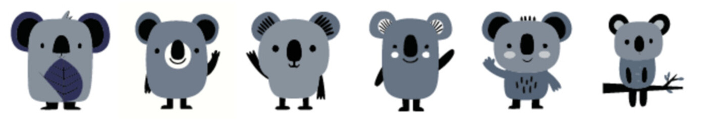 Cute Koala Bear Characters in Grey Color Vector Design for Wildlife Education and Eco Posters