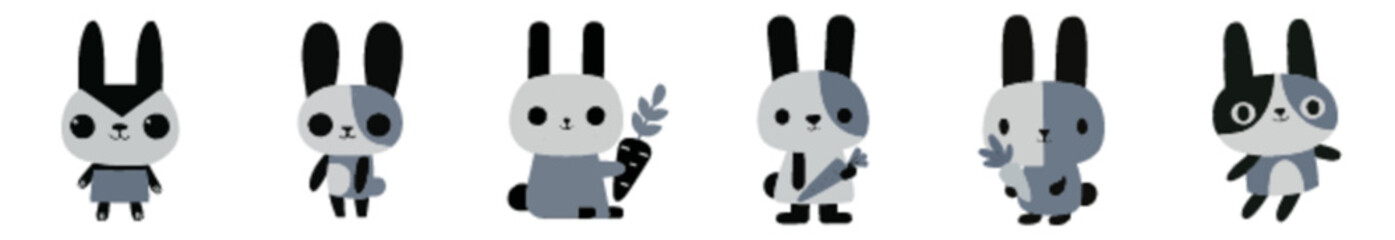 Adorable Cartoon Rabbits in Black and White Flat Vector Style for Easter Crafts and Kids Coloring Pages