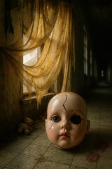 Broken Doll Face resting below torn curtain in dark abandoned corridor of orphanage with blood footprint and scattered stuffed toys

