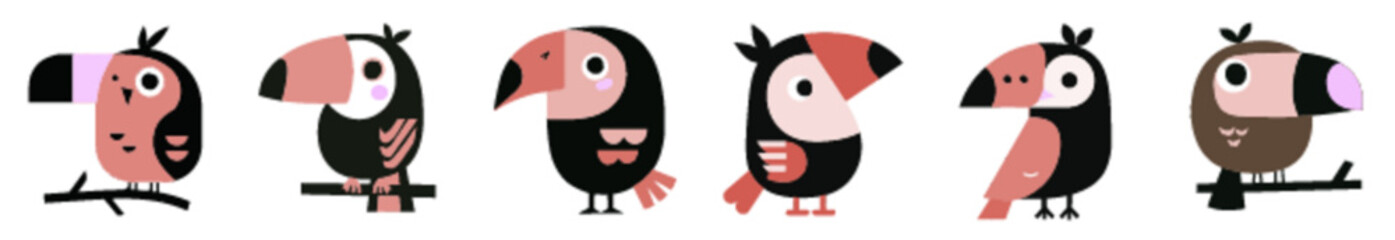 Cute Red and Black Birds in Flat Vector Style for Nature Crafts and Printable Decorations