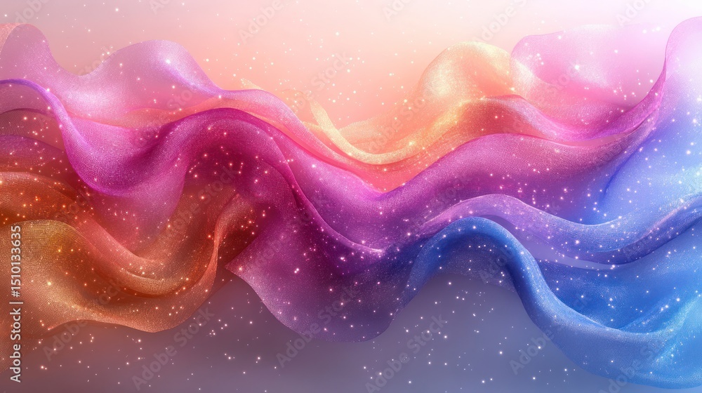 Poster shimmering pastel fabric waves with sparkling particles on a soft gradient background