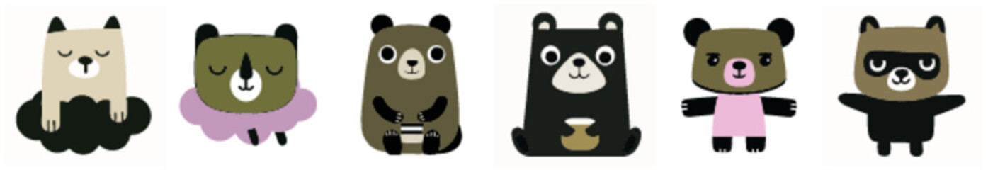 Adorable Bear Characters in Flat Vector Illustration for Preschool Posters and Baby Products
