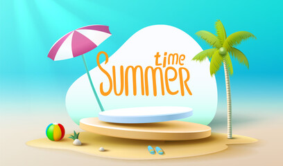 Summer time banner sale, beach umbrella with lounger for relaxation, sunglasses, seaside vacation scene. Vector illustration
