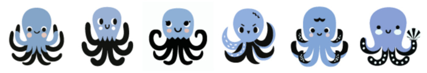 Funny Octopus Characters in Flat Vector Style for Ocean-Themed Games and Classrooms