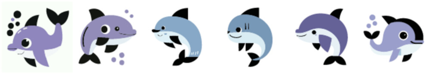 Cute Cartoon Dolphins and Whales in Flat Vector Style for Aquatic Learning and Printables