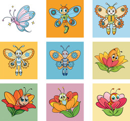 Obraz premium Cartoon Illustration Of Robots And Cute Butterflies For Children Projects