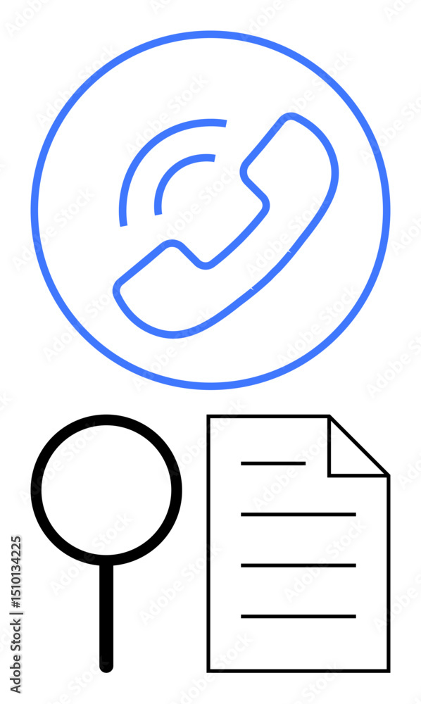 Poster phone call symbol inside a circle, magnifying glass, and document with lines combining themes of com