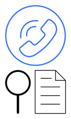 Phone call symbol inside a circle, magnifying glass, and document with lines combining themes of communication, information search, and document review. Ideal for research, investigation, customer