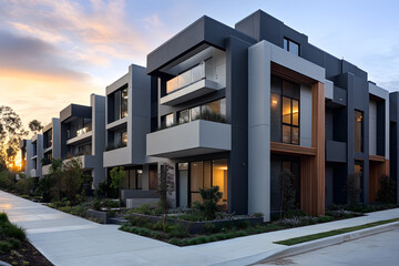 Modern apartment complex with clean lines, matte black and light grey panels, taken from street level