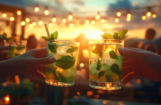 Friends cheer mojito cocktails at bar restaurant. Group of people toasting, happy event with drinks. Summer fun on patio, party, celebration, fun time with people, nightlife.