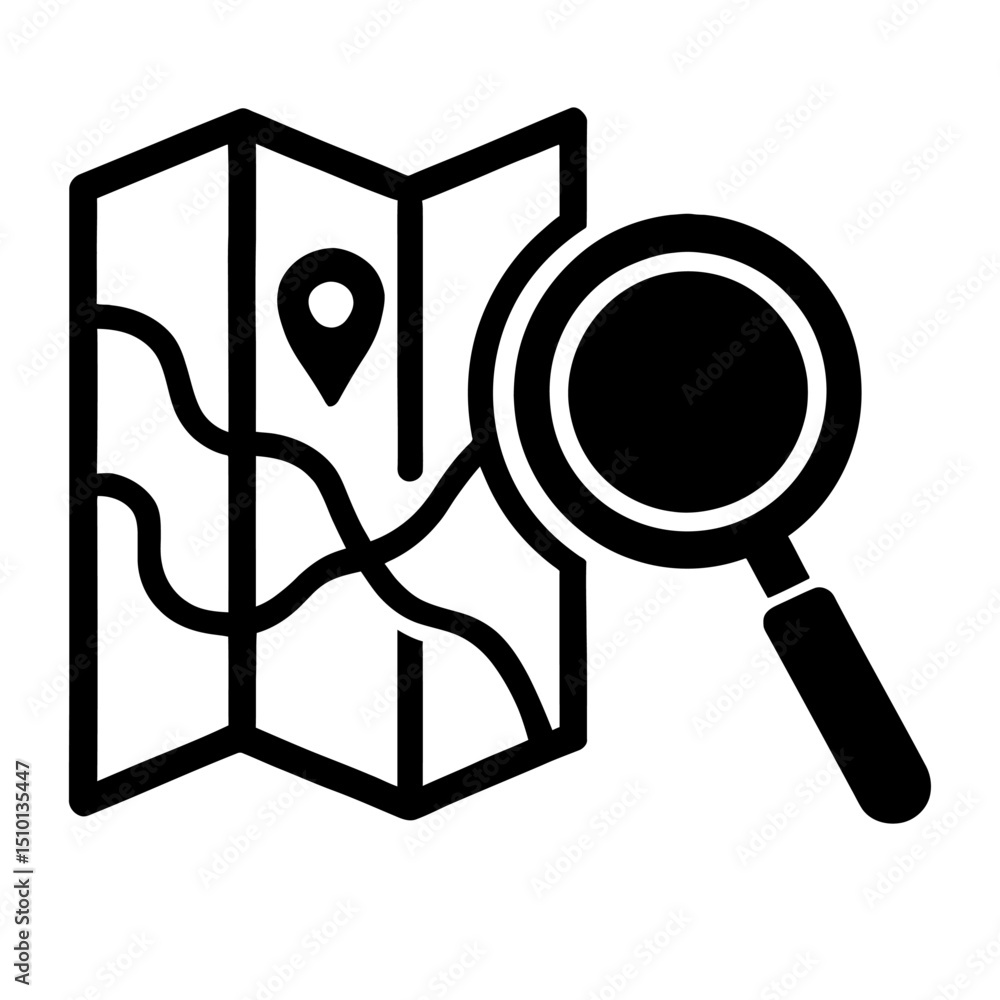 Poster solid icon of a map with a magnifying glass - representing location search and exploration