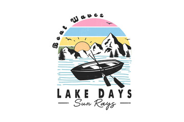 Lake Days Sun Rays – Retro Boat Scenic Lake landscape with rowboat, mountains, and sunset Summer Lake Sublimation design