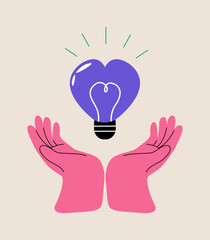 Hands holding a light bulb with heart shape inside. Colorful vector illustration