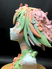 A three-dimensional model of a character with vibrant green hair and colorful skin looks upwards with a slight smile against a dark background.