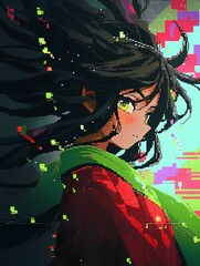 Young woman, green eyes, scarf, blushing cheeks, pixelated abstract background, pixel art style.