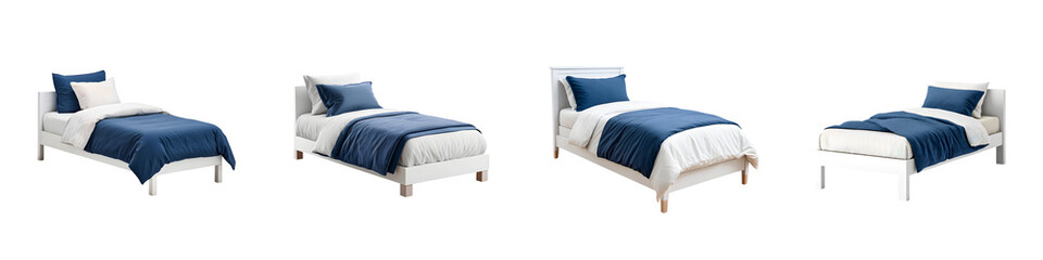 Modern, minimalistic bed designs featuring navy blue bedding, clean lines, versatile arrangements ideal for contemporary interiors and cozy spaces