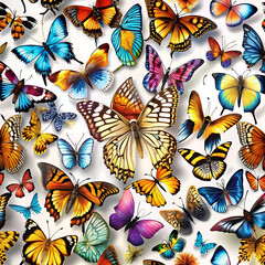 Vibrant colorful butterflies white background pattern